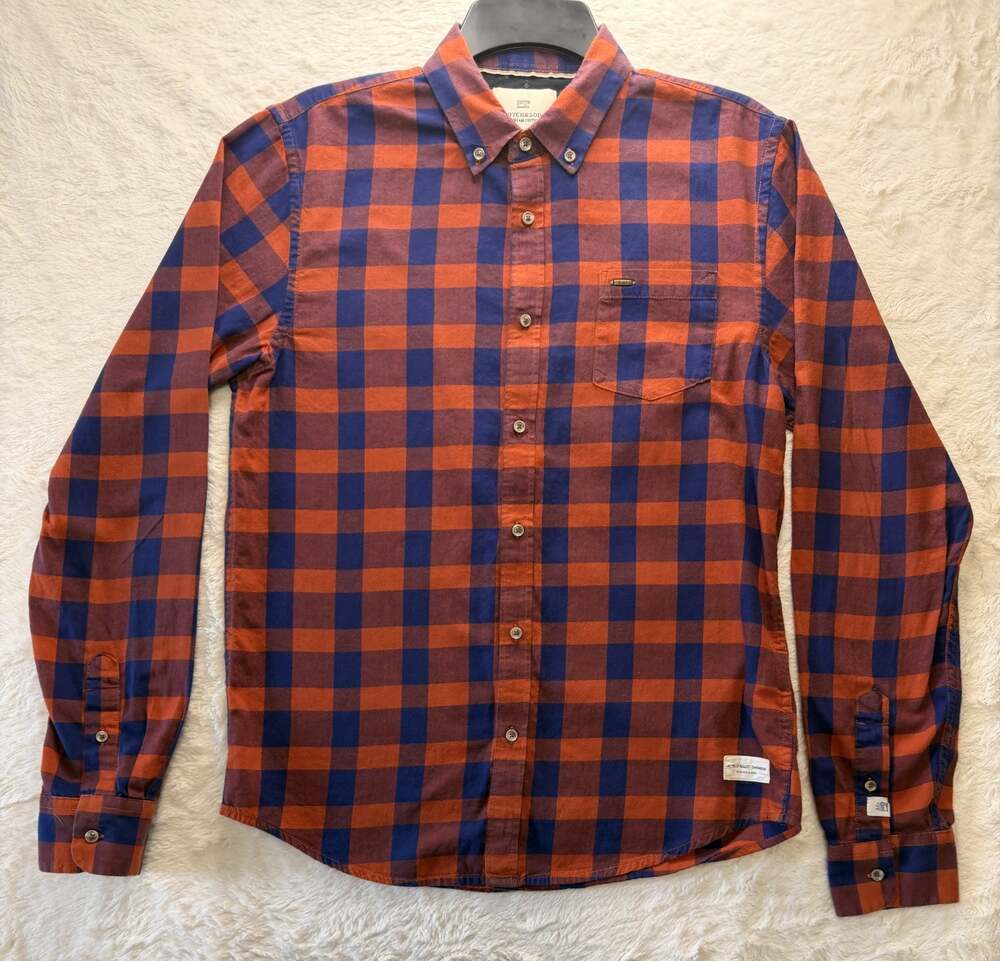 Scotch & Soda Amsterdam Couture Mens Size M Orange Blue Plaid Button Down Shirt